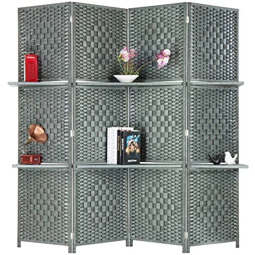 MyGift 6-Foot Gray Bamboo Woven 4-Panel Room Divider With 2 Shelves