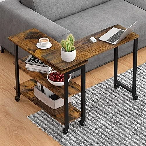 IDEALHOUSE 360° Rotatable Sofa Side Table Mobile End Table With 2-Tier Storage Shelves, Movable Laptop Table With Sturdy Metal Frame /6 Universal Casters, Couch Snack Table For Home (Rustic Brown) - Image 6