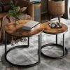 KOTPOP Industrial Nesting Coffee Table For Balcony Living Room, Round Side Table Set With Metal Legs, Rustic Brown