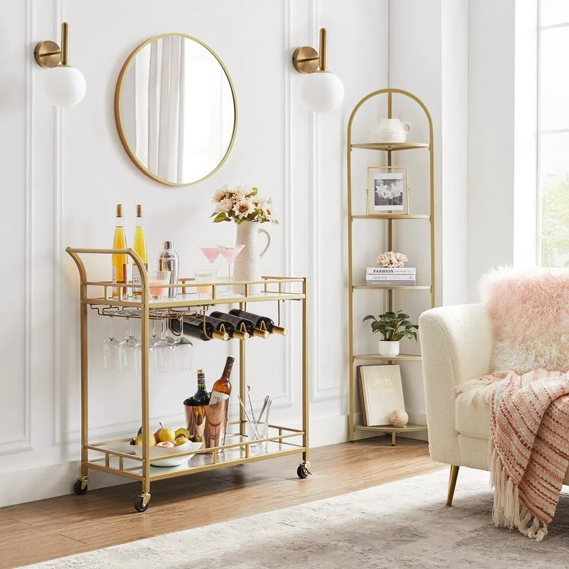 VASAGLE Bar Cart Gold, Home Bar Serving Cart, Wine Cart With 2 Mirrored Shelves, Wine Holders, Glass Holders, For Kitchen, Dining Room, Gold ULRC090A03