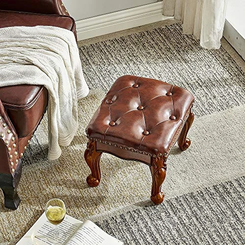 LEILISI Small Footstool Brown Leather Ottoman, Vintage Carved Upholstered Footrest, Rubber Wooden Foot Rest Stool Sofa Stool (Red-Brown) - Image 4