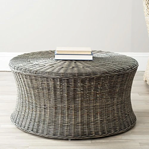 SAFAVIEH Home Collection Ruxton Black Rattan Round Coffee Table Ottoman - Image 4