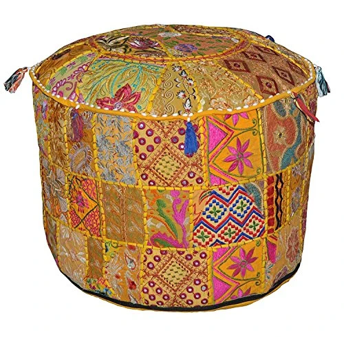 Sophia Art Indian Pouf Stool Vintage Patchwork Embellished With Patchwork Living Room Ottoman Cover, 22 X 14 Inches, Only Cover, Filler Not Included