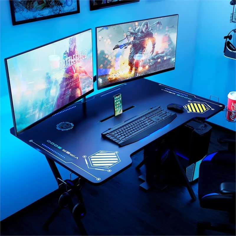 Atlantic Viper 3000 Gaming Desk β Single Laminated Surface, Heavy-Duty Steel X-Legs, Integrated LED, 3 USB 3.0 Ports, Smart Device Slot, Surge Protector Tray, Headset Hooks, PN 33906164 - Black - Image 2