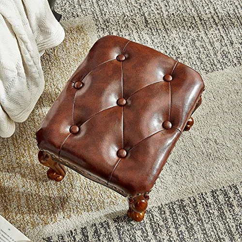 LEILISI Small Footstool Brown Leather Ottoman, Vintage Carved Upholstered Footrest, Rubber Wooden Foot Rest Stool Sofa Stool (Red-Brown) - Image 5