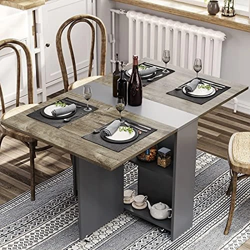 Tiptiper Folding Dining Table With 6 Wheels, Drop Leaf Tables For Small Spaces, Foldable Dining Table With 2-Layer Storage Rack, Folding Kitchen Table, Rustic Brown And Black - Image 6