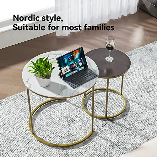 Moncot Modern Nesting Round Coffee Tables Set Of 2 Tempered Glass Faux Marble Finished Texture & Dark Gray Finish Top Waterproof Outdoor And Indoor Nested End Tables, Stacking Table, ET219AB-WG - Image 3