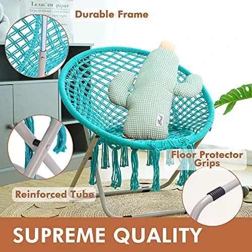 PASAMIC Saucer Chair With Folding Metal Frame, 100% Cotton Handmade Cozy Chairs, Exquisite Moon Chair For Bedroom, Living Room Décor Green - Image 2